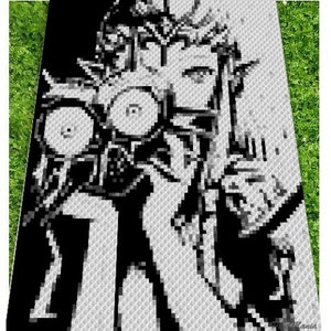 May include: Black and white crochet pattern of a woman with long hair and a large hat. The woman is wearing a large, flowing dress and is holding a large, round object in her hand.