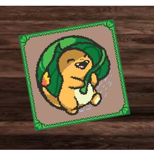 May include: A cartoon character with a green hat and a happy expression. The character is wearing a green hat and has a yellow body. The character is standing on a brown background.
