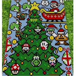 Christmas with MARIO inspired blanket, crochet graph for blanket, C2C, written & color blocked instructions for corner to corner,