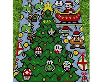 Christmas with MARIO inspired blanket, crochet graph for blanket, C2C, written & color blocked instructions for corner to corner,