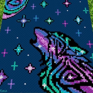 May include: A crochet pattern featuring a howling wolf with a galaxy design. The wolf is surrounded by stars and a galaxy swirl. The pattern is made with blue, purple, pink, and green yarn.