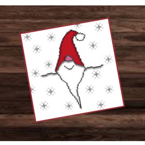 May include: A white and red cartoon gnome with a red hat and a white beard. The gnome is on a white background with a grey snowflake pattern.