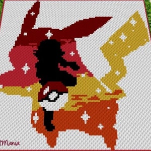 May include: A crochet pattern of a red, orange, and yellow Pikachu with white stars. The pattern is on a white background with the text "PixelMania" in the bottom left corner.
