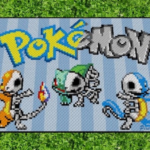 May include: A crochet blanket featuring the Pokemon logo and three skeleton Pokemon characters: Charmander, Bulbasaur, and Squirtle. The blanket is blue and white with a striped pattern.