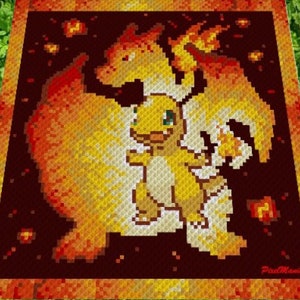 May include: A pixel art crochet blanket featuring a yellow and orange Pokemon character, Charmeleon, with a fiery orange background.