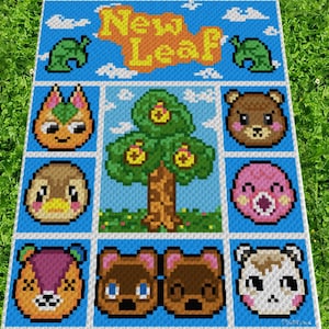 Può includere: Una coperta all'uncinetto con personaggi del videogioco Animal Crossing: New Leaf. La coperta è blu con quadrati bianchi e presenta personaggi come Isabelle, Tom Nook e K.K. Slider.