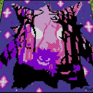 May include: A purple and pink pixel art crochet blanket featuring a silhouette of a unicorn with a starry night background.