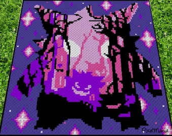 GENGAR Pokémon - silhouette inspired blanket, graph for crochet c2c blanket, written & color blocked instructions for corner to corner,