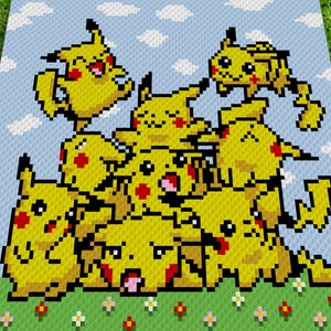May include: A crocheted image of a group of Pikachu, a popular Pokemon character, with red spots on their cheeks. The Pikachu are yellow and are arranged in a pile on a green background with white and pink flowers.