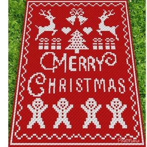 May include: A red crochet blanket with a white design featuring the words "Merry Christmas", reindeer, a Christmas tree, presents, and gingerbread people.