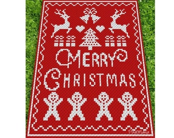 MERRY CHRISTMAS - graph for crochet c2c blanket, C2C, written & color blocked instructions for corner to corner,