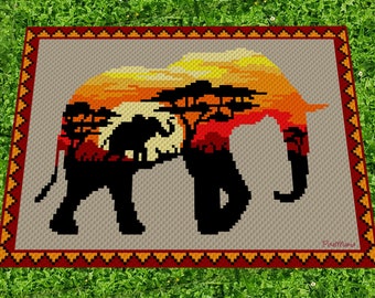 AFRICAN ELEPHANT - graph for crochet c2c blanket, C2C, written & color blocked instructions for corner to corner,
