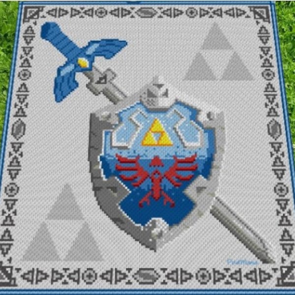 Manta inspirada en ESCUDO - ESPADA - La Leyenda de Zelda - Patrón de crochet, ilustración para C2C, manta de esquina a esquina, instrucciones mecanografiadas y en bloques de color