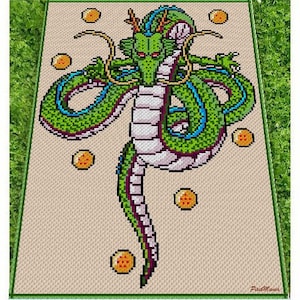 May include: Green and blue dragon with a pink belly and yellow eyes, surrounded by seven yellow orbs on a beige background.