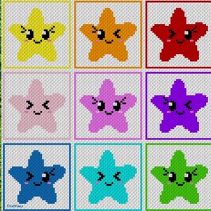 May include: Nine colorful crochet squares featuring a cartoon star with a smiling face. The squares are arranged in three rows of three. The stars are yellow, orange, red, pink, purple, blue, turquoise, and green.