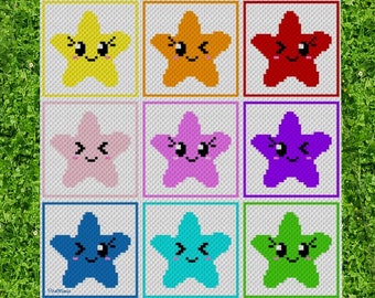 SUPERCUTE STARS - graph for crochet c2c blanket, C2C, written & color blocked instructions for corner to corner,