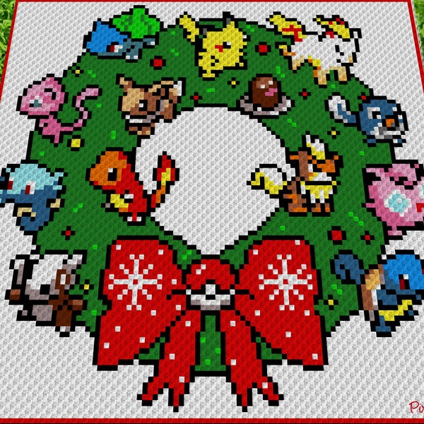 PoKéMoN christmas wreath inspired blanket, crochet graph for blanket, C2C, written & color blocked instructions for corner to corner,