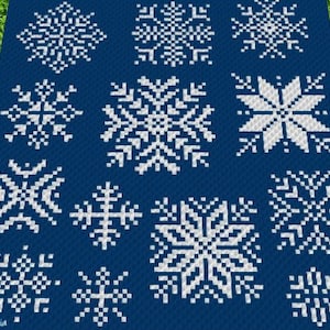Puede incluir: Una manta de crochet azul con un patrón de copo de nieve blanco. La manta está compuesta por 12 diseños diferentes de copos de nieve.
