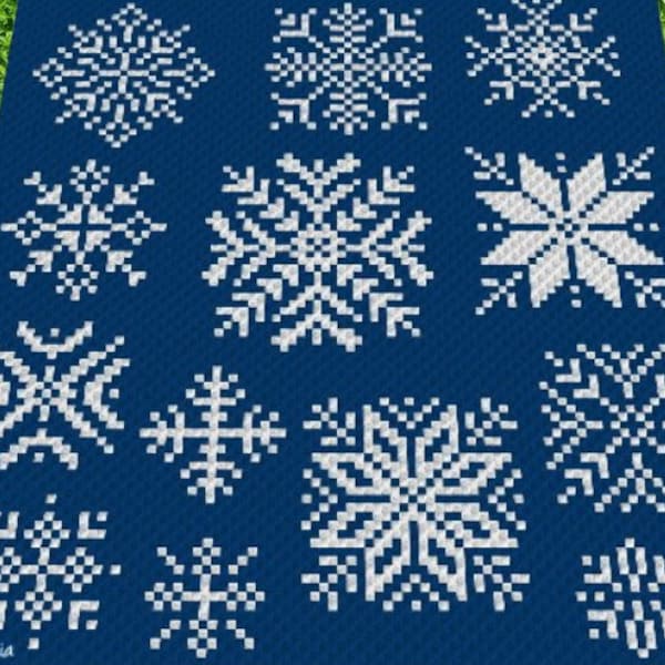 13 SNOWFLAKES - graph for C2C crochet blanket, pillow, poncho, scarf, corner to corner bag, written & color block instructions