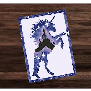 May include: A purple and blue silhouette of a unicorn with a castle inside its body. The unicorn is standing on its hind legs with its head tilted back. The background is a dark blue with white stars.