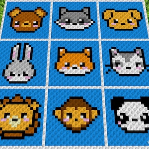 SWEET ANIMALS - Häkelmuster, Grafik für C2C, Häkeldecke od Kissen Ecke zu Ecke, mit geschriebener & Farb-Block Anleitung