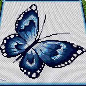 May include: A blue butterfly with white accents is depicted in a pixel art style. The butterfly is on a white background with a blue border.