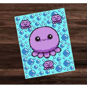 May include: A purple cartoon octopus with a smiling face surrounded by blue bubbles on a light blue background.