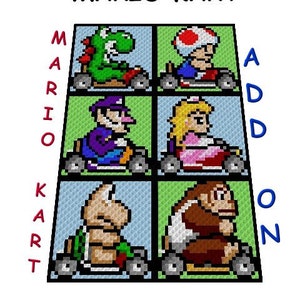 May include: A pixelated image of Mario Kart characters, including Mario, Luigi, Bowser, Donkey Kong, and Toad. The characters are in their respective karts, ready to race. The image is a fun and nostalgic reminder of the classic video game.