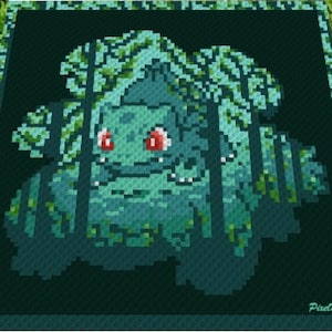 Könnte beinhalten: Ein Pixel-Art-Bild eines grünen Pokémon-Charakters, Bisasam, das sich in einem Wald versteckt. Der Charakter ist teilweise von den Bäumen verdeckt, nur sein Kopf und der obere Teil seines Körpers sind sichtbar. Der Hintergrund ist dunkelgrün und stellt den Wald dar.