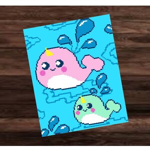 May include: A blue background with two cartoon narwhals. The larger narwhal is pink with a yellow horn and the smaller narwhal is green with a yellow horn. Both narwhals have big eyes and smiles.