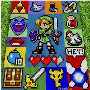 Couverture inspirée de The Legend of Zelda - Modèle de crochet, graphique pour C2C, couverture au crochet d’un coin à l’autre, instructions écrites et de bloc de couleur