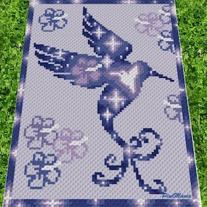 SILHOUETTE DE COLIBRI, graphique pour C2C, couverture au crochet d'un coin à l'autre, avec instructions écrites et en blocs de couleurs pour la couverture d'oiseau au crochet