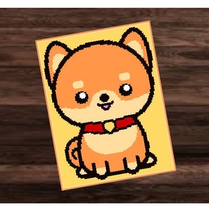 Puede incluir: Una ilustración de dibujos animados de un perro Shiba Inu naranja con un collar rojo. El perro está sentado con las piernas cruzadas y tiene una expresión feliz en su rostro.