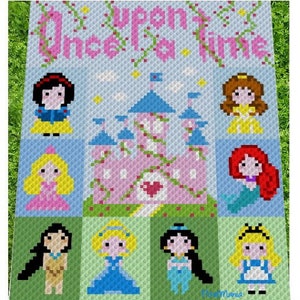 PRINCESSES - Il était une fois - Modèle de crochet, diagramme pour C2C, couverture au crochet d'un coin à l'autre, avec instructions écrites et en blocs de couleurs