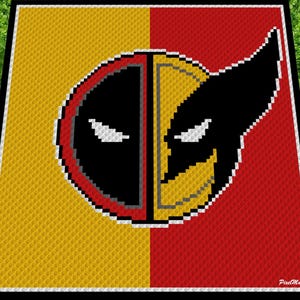 May include: A yellow and red pixel art design of Deadpool and Wolverine's heads combined. The design is in a square shape with a black border.