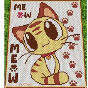 May include: A crochet pattern featuring a cartoon cat with brown and yellow fur, big eyes, and a red collar. The cat is surrounded by paw prints and the words "MEOW" are written in brown letters.