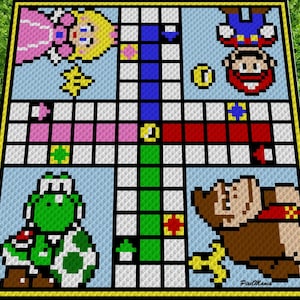 May include: A crochet game board featuring characters from the Super Mario Bros. video game series. The board is blue, green, and red with a yellow border. The characters include Mario, Luigi, Peach, and Donkey Kong.