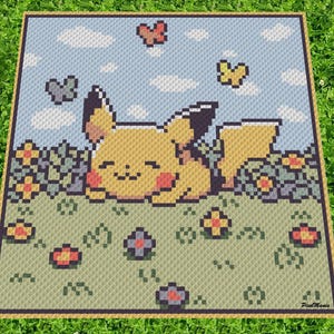 May include: A crochet pattern featuring a yellow Pikachu lying in a field of green grass with flowers. There are blue clouds and butterflies in the sky.