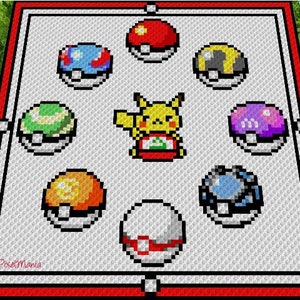 May include: A crochet pattern featuring a yellow Pikachu character surrounded by nine Poke Balls in various colors, including red, blue, green, purple, and orange. The pattern is set against a white background with a red border and the text "PixelMania" in the bottom left corner.
