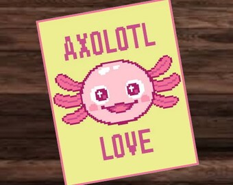 AXOLOTL LOVE - Virkmönster, grafik för fast virkning, virkad filt halv dubbelvirkning, dubbelvirkning, med skriftliga och färgblocksinstruktioner