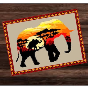 May include: A pixelated image of an elephant silhouette with a sunset and trees inside the outline. The elephant is facing right and has a long trunk. The background is a light beige colour with a red, orange, and yellow sunset.