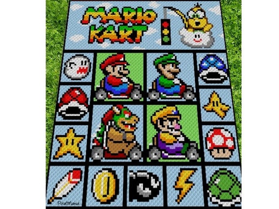 MARIO KART- Super Mario inspirierte Decke, Häkelmuster, Grafik für C2C, Häkeldecke Ecke zu Ecke, mit geschr. & Farb-Block Anleitung