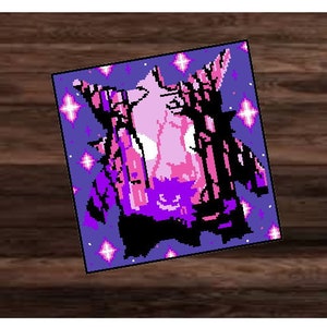 May include: A pixelated image of a pink and purple creature with a star-shaped background. The creature has a large head with a wide mouth and sharp teeth. The creature's eyes are black and white.