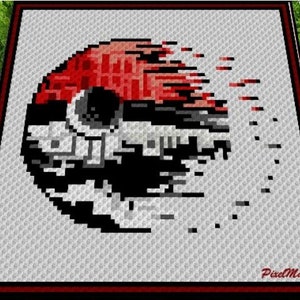 May include: A pixelated image of a Pokeball with a red, white, and black color scheme. The Pokeball is partially obscured by a black and white pixelated image of a Star Wars character. The image is framed in a red border with the text "PixelMania" in the bottom right corner.
