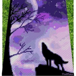 May include: A pixel art image of a wolf howling at the moon in a purple and blue night sky. The wolf is silhouetted against the sky, and the moon is partially visible in the upper left corner of the image.