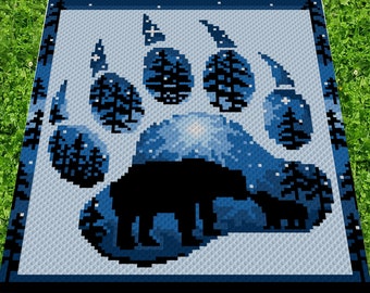 BEAR PAW - graph for crochet c2c blanket, C2C, written & color blocked instructions for corner to corner,