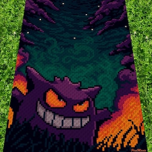 May include: Pixelated image of a purple Gengar character with orange eyes and a wide grin, set against a dark green and purple forest background. The design has a retro video game aesthetic, with a pixelated style. The image is bordered by green grass.