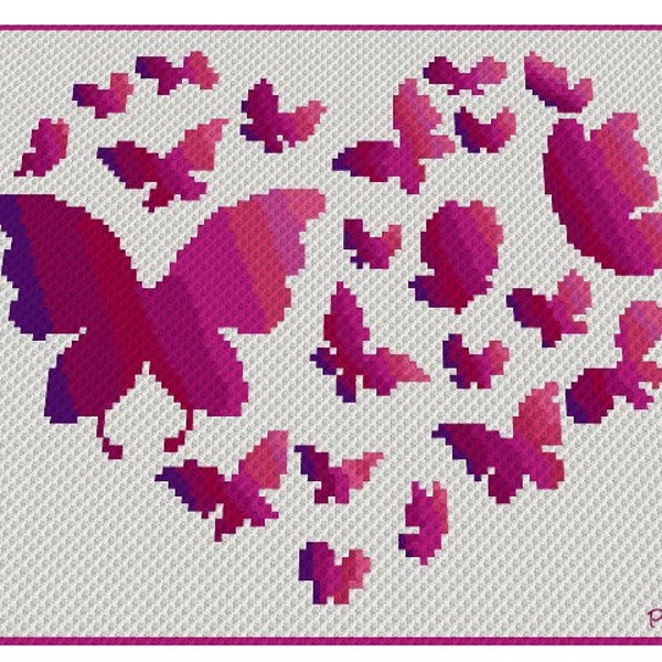 BUTTERFLY HEART- graph for crochet c2c blanket, C2C, written & color blocked instructions for corner to corner,