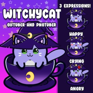 May include: A cartoon image of a purple cat wearing a witch hat, sitting in a purple teacup with a crescent moon design. The text reads "Witchycat" and "Giftuber and PNGTuber". Additional images show the cat with happy, crying, and angry expressions.