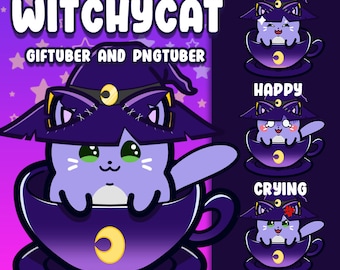 Premade GIFtuber / PNGtuber - Cute WitchyCat per Vtubers w / 3 espressioni per Veadotube mini / Discord Immagine reattiva